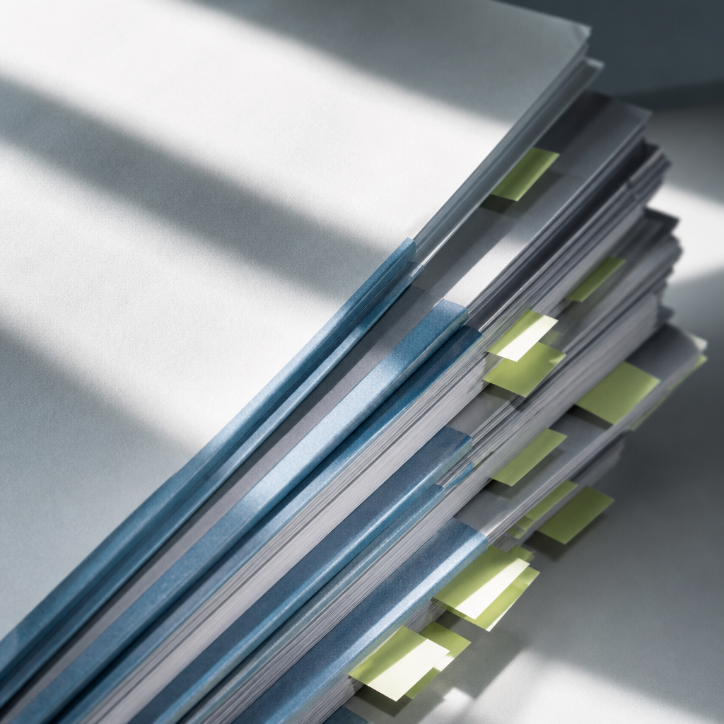 Indexed tribunal bundle sections with tape and tabs